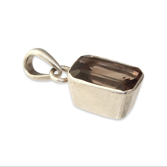 Vintage Smoky Quartz Sterling Silver Pendant Emerald Cut Gemstone Thick Bezel - Picture 4 of 6